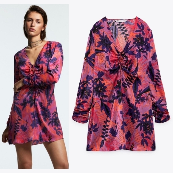 Zara Dresses & Skirts - ZARA Vibrant Floral Long Sleeve Mini Dress, Ruched Sleeves, Tie Vneck Front, M